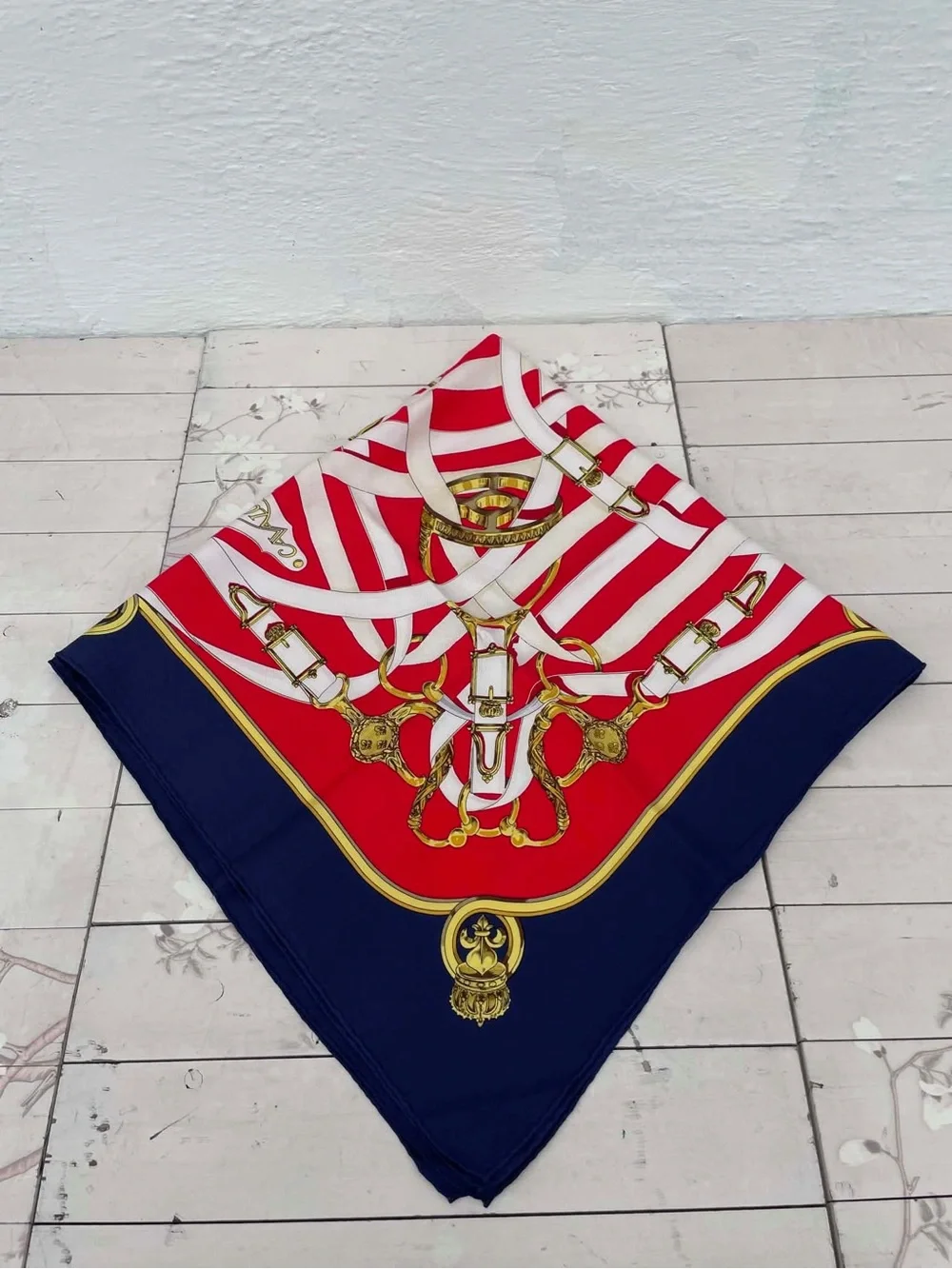 Hermes Red Navy Cream Silk Scarf with Equestrian Print - Picture 7 of 12